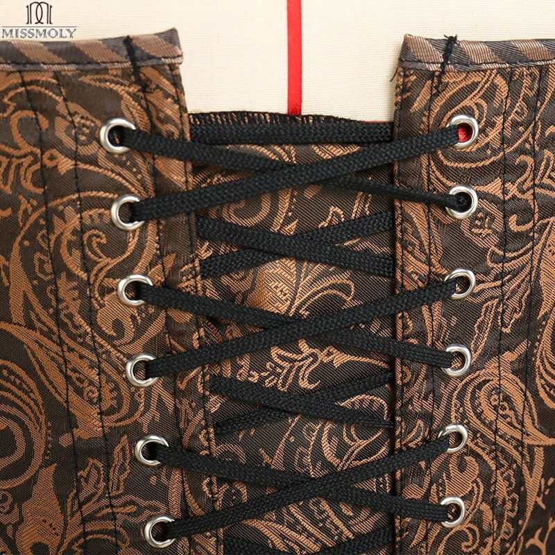 Thumbnail: Miss Moly Steampunk Corset Gothic Bustiers Boned Zipper Brown Top 