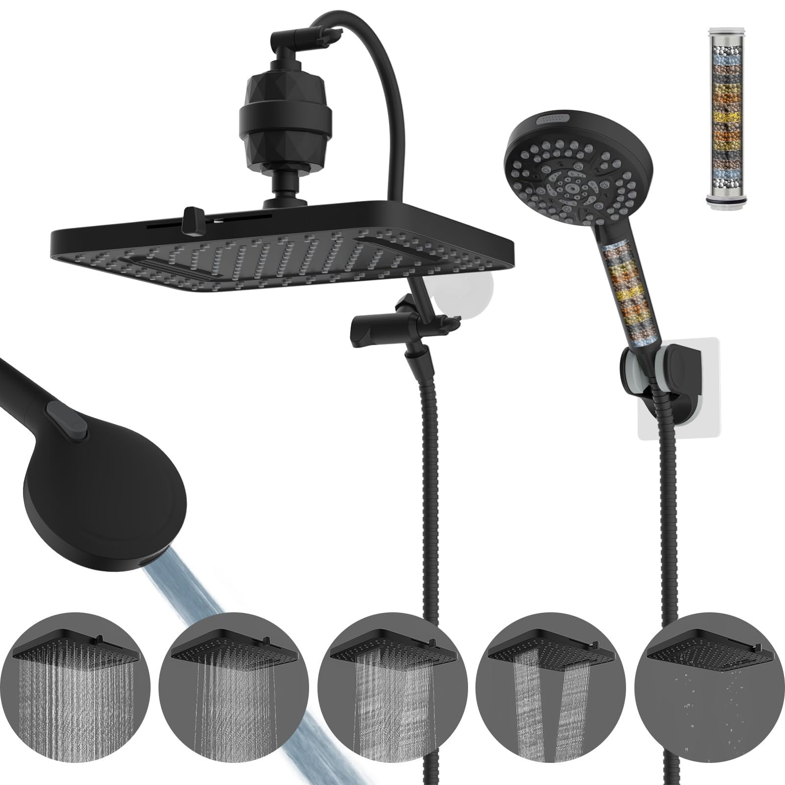 Upgraded 5-spray 13'' Dual Filtered Rainfall Shower Head Combo High Pressure