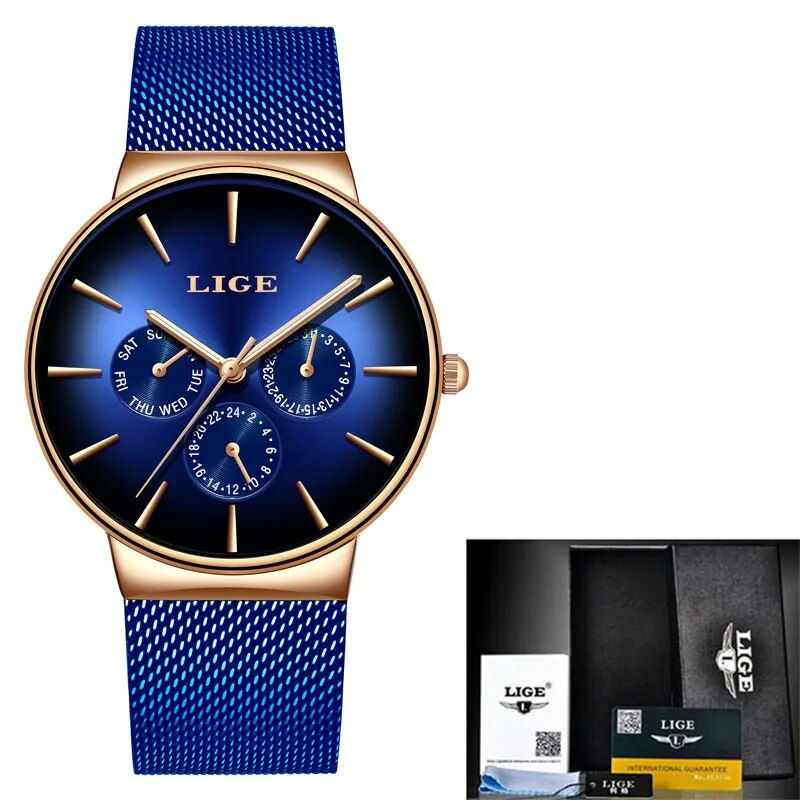 Thumbnail: LIGE New Fashion Mens Watches Top Brand Luxury Quartz Watch Men Mesh Steel  
