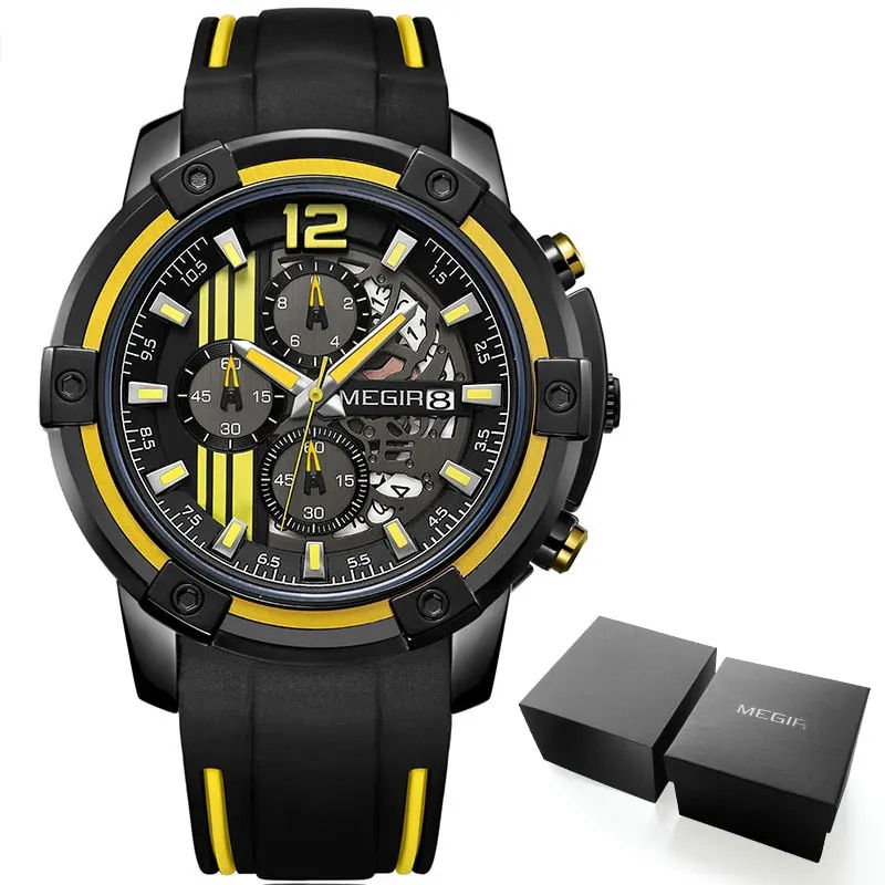 Thumbnail: Megir Men's Black Silicone Strap Quartz Watches Chronograph Sports Wristwatch 
