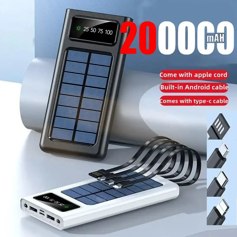 200000mah Solar Power Bank Built Cables Conveniente Fast Charging Usb Ports