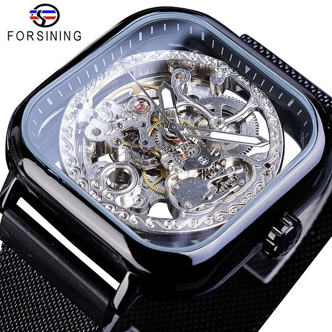 Thumbnail: Forsining Golden Men Automatic Watch Square Skeleton Mesh Steel Band Mechanical