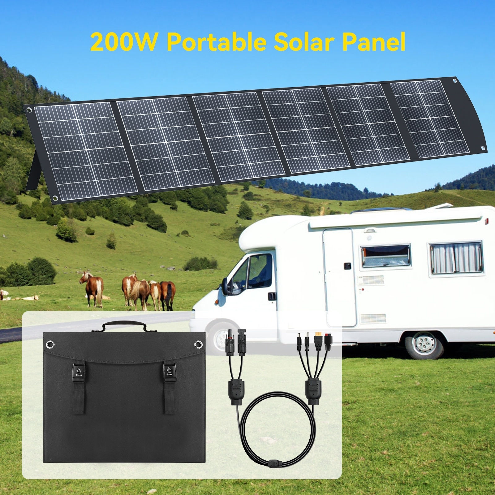 200W Portable Solar Panel Kit, Foldable & Lightweight, High Efficiency Charge