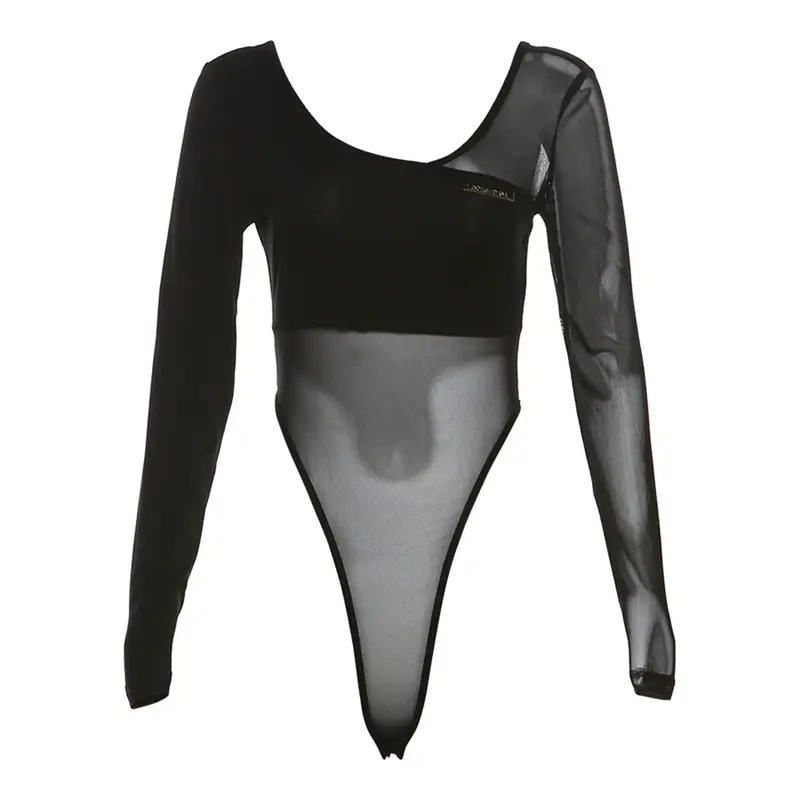 Thumbnail: Kliou Drag Sister Style Stitching Long Sleeve T-shirt Slim Mesh