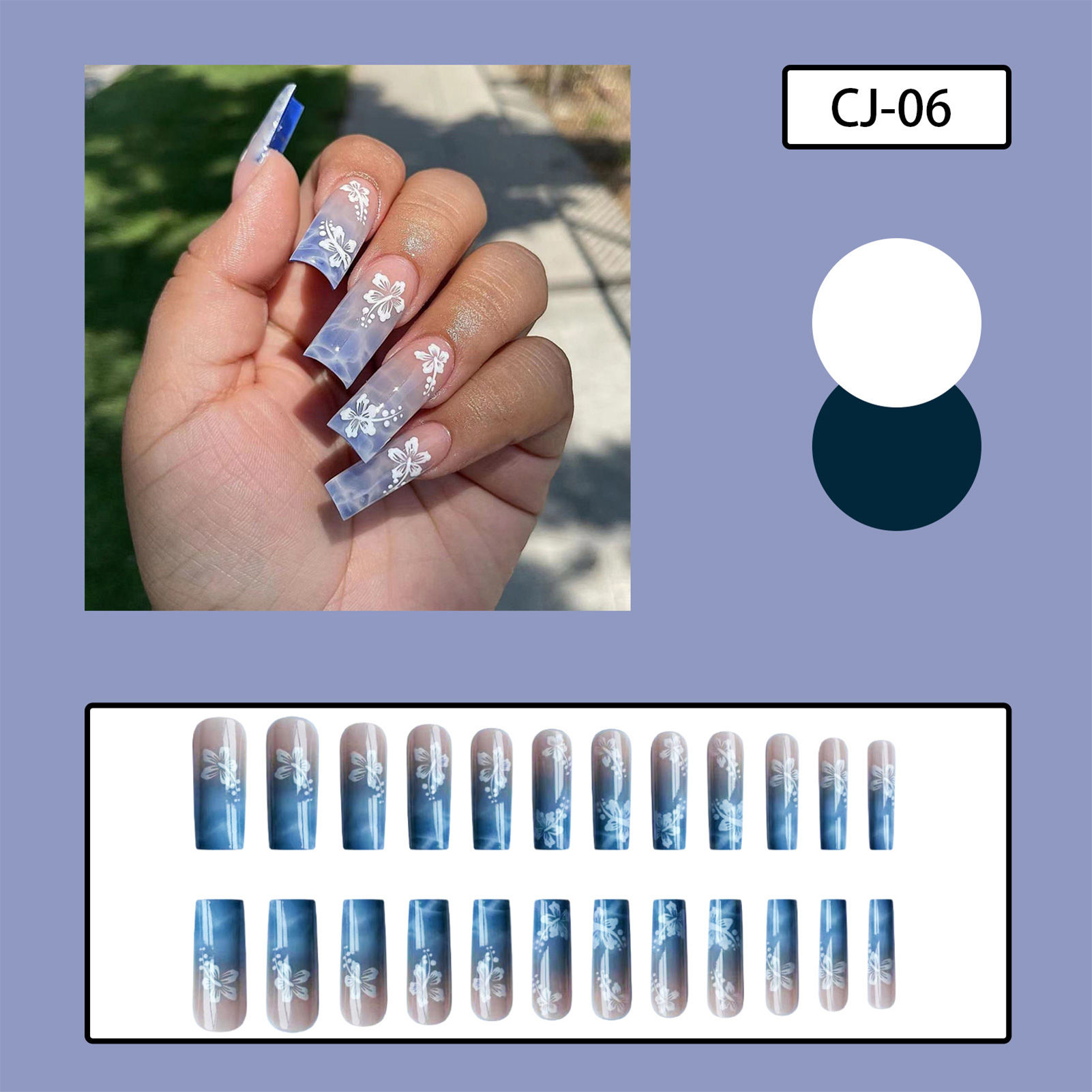 CJ-06 24pcs Blue Gradient Ripple Fake Nails ABS Material Gentle to Nails & Skin 