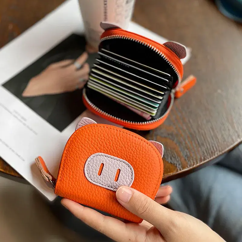 Thumbnail: Credit Card Holder Cute Cartoon Genuine Leather Zip Coin Purse Cowhide Love