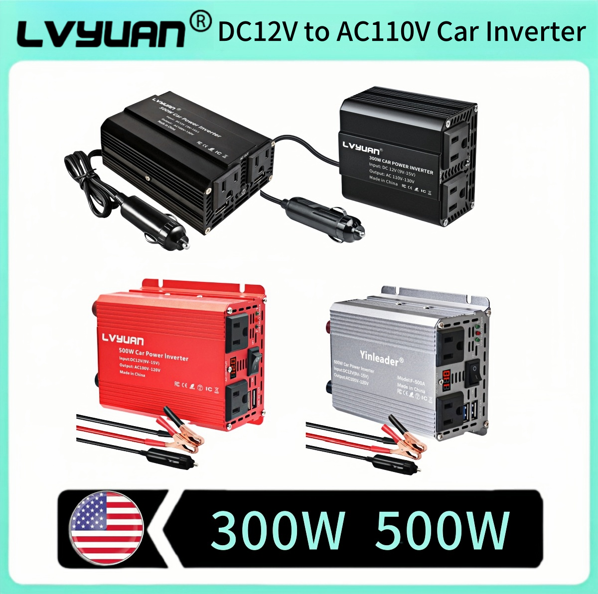 LVYUAN 300W 500W Car Inverter DC12V AC110V Vehicle Portable Inversor USB&US