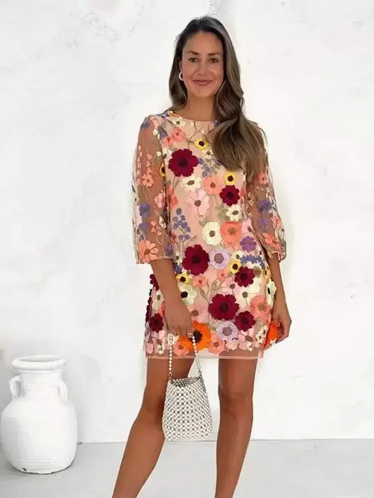 Thumbnail: Fashion Flower Printed Embroidered Long Dress Women Elegant O-neck Long Sleeve 