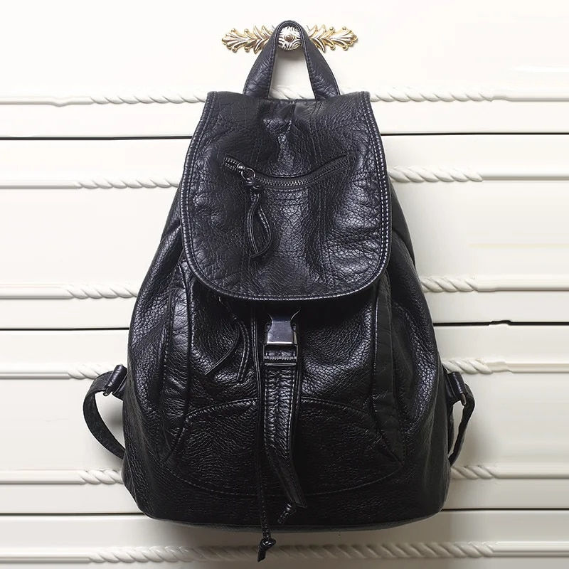 Thumbnail: Luxury Famous Brand Designer Washed Leather Women Backpack Female Casua