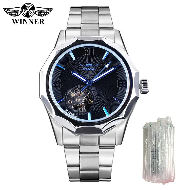 Thumbnail: Winner Blue Ocean Geometry Design Transparent Skeleton Dial Mens Watch Top Brand