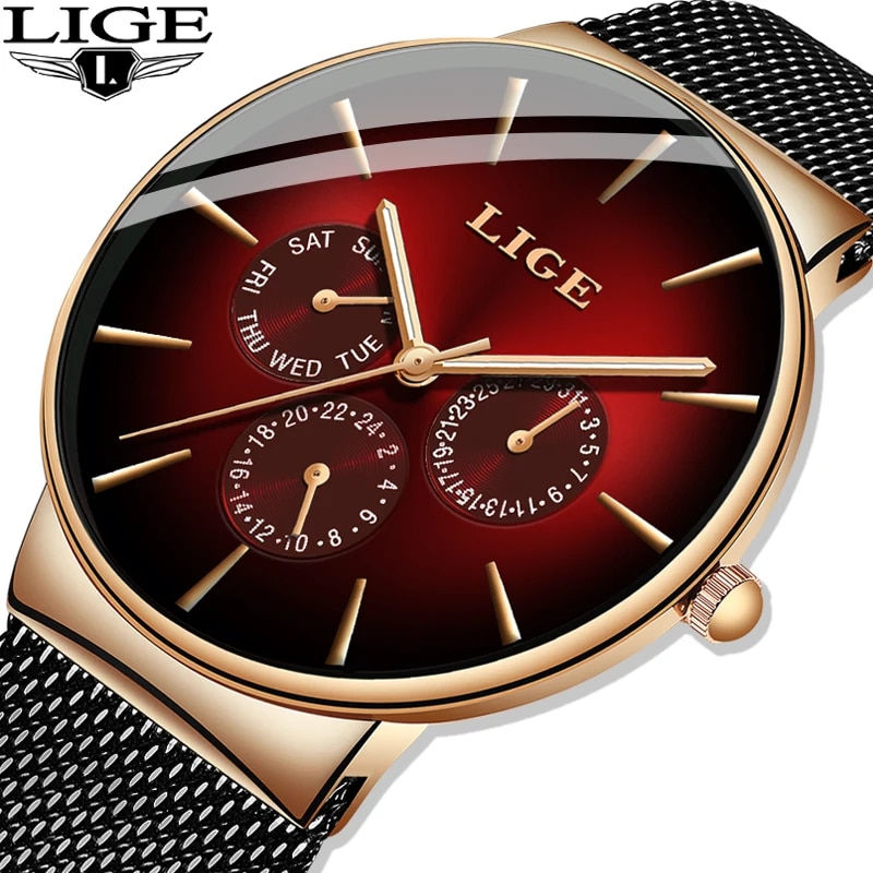 LIGE New Fashion Mens Watches Top Brand Luxury Quartz Watch Men Mesh Steel