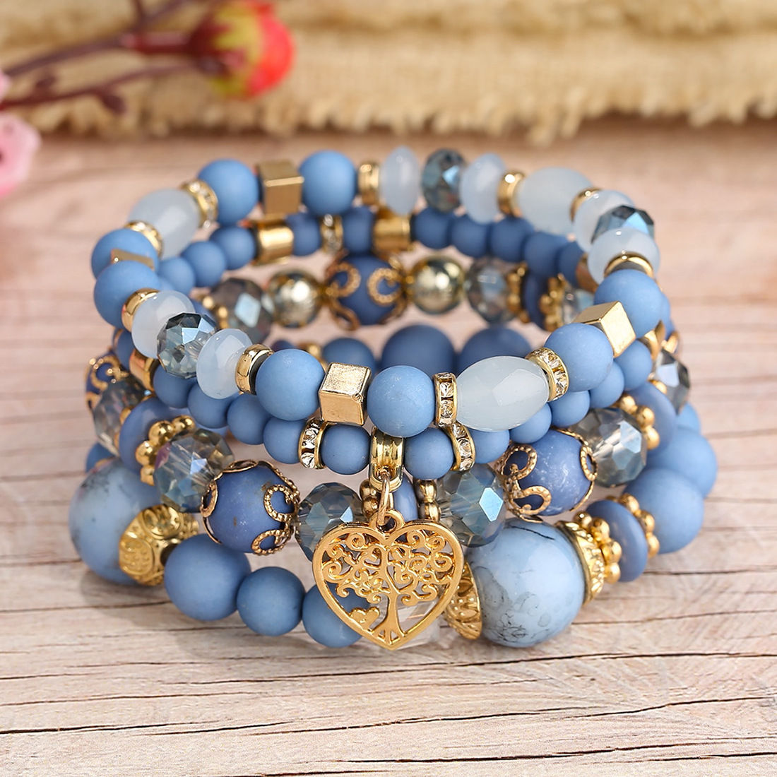 New Acrylic Beads Chain Bracelet Set For Women Tree Of Life Charm Elastic Bangle