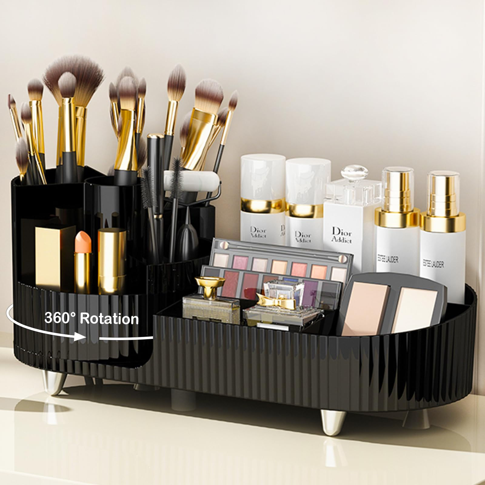 Rotating Makeup Organizer for Vanity with Brush Holder Cosmetic Stora