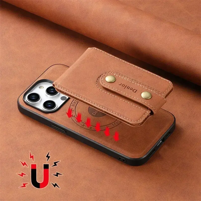Thumbnail: 2 In 1 Luxury Retro Magsafe Magnetic Flip Wallet Leather Phone Case For iPhone