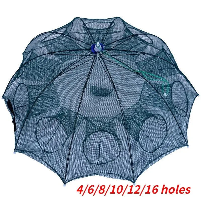 4-16 Holes Strengthened Fishing Net Shrimp Cage Foldable Nylon Automatic