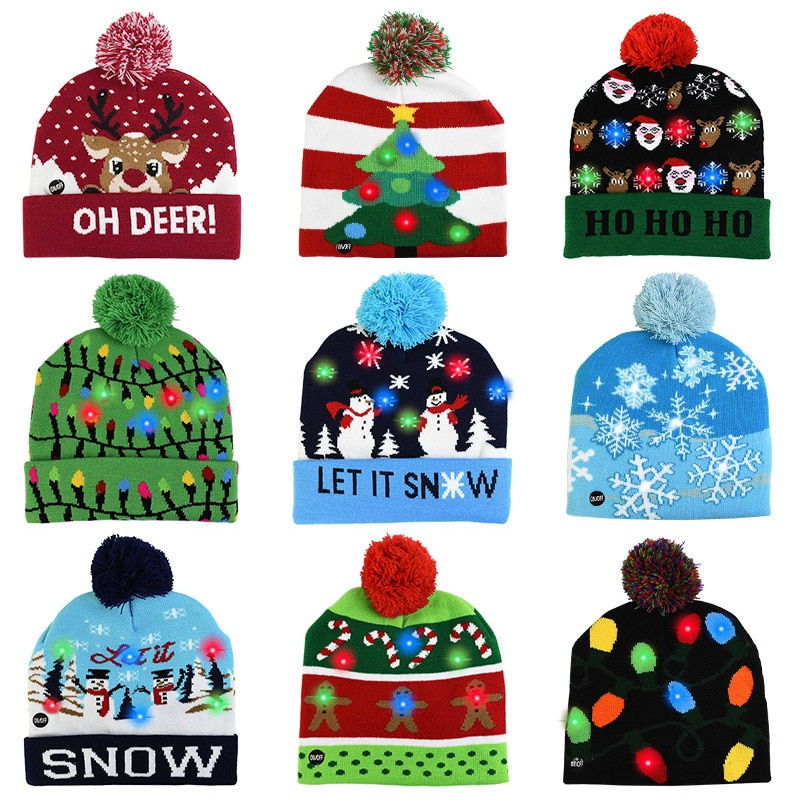 LED Christmas Hat Sweater Knitted Beanie Christmas Light Up