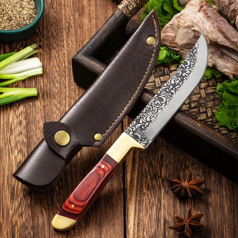 Thumbnail: Meat Cleaver Knife with Patterned Blade - Perfect for Meat & Fruit 