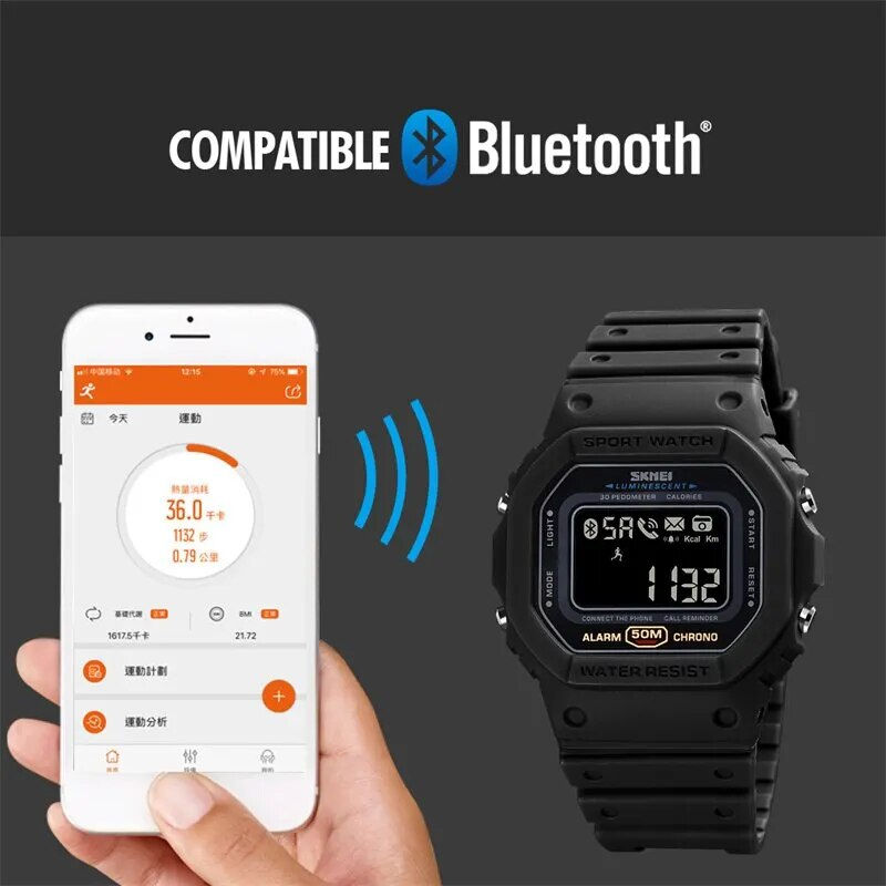 Thumbnail: Skmei Bluetooth-compatible Pedometer Electronics Watches Mens Calorie Sleep