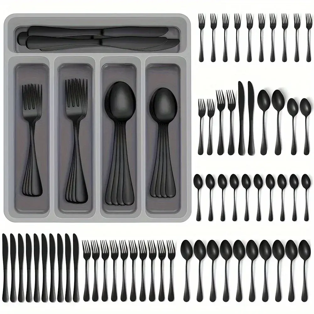 60 Pieces Cutlery Set with Drawer Storage Box Including Knives, Forks Spoons