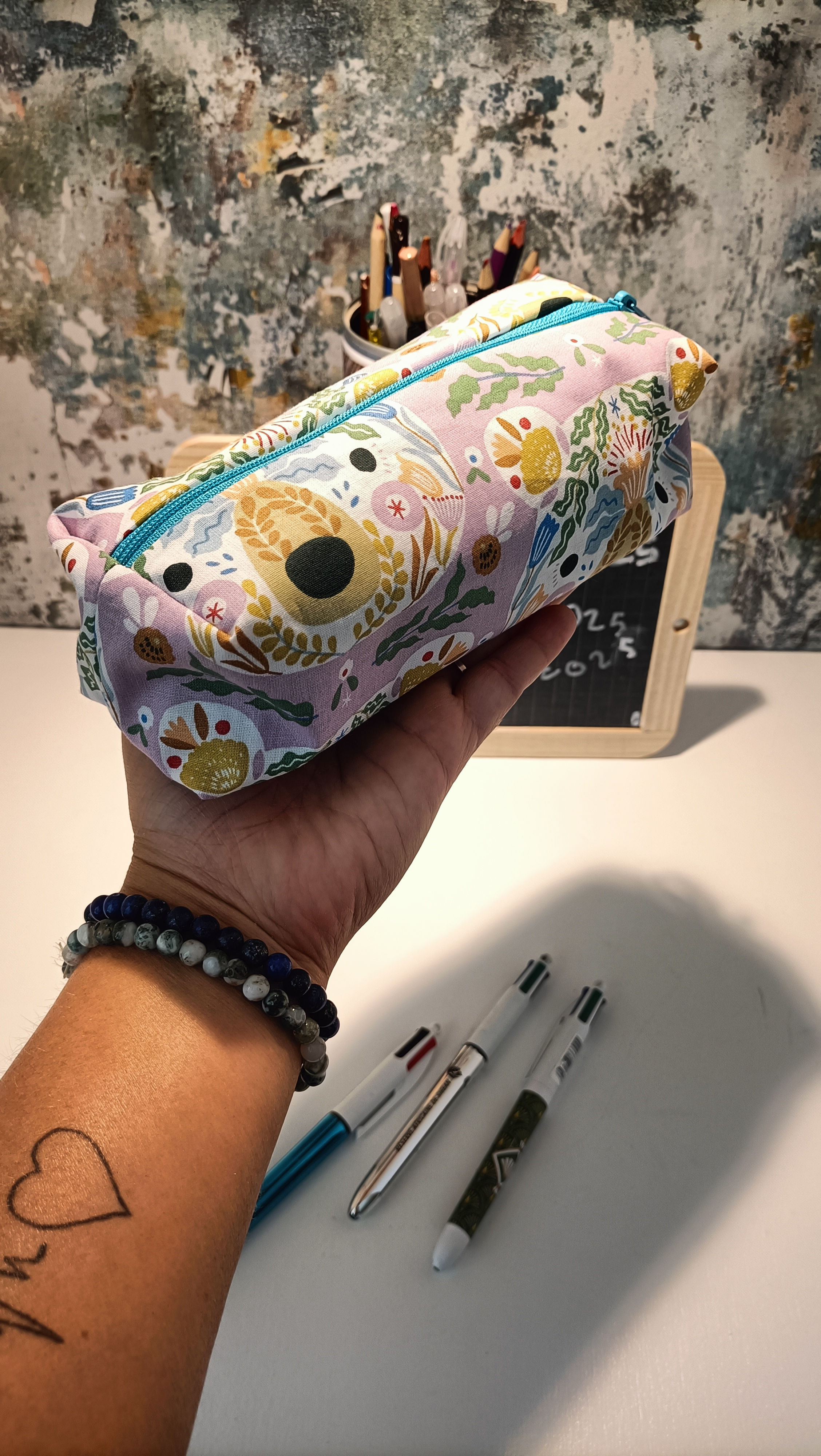 Trousse écolier motif ourson violine