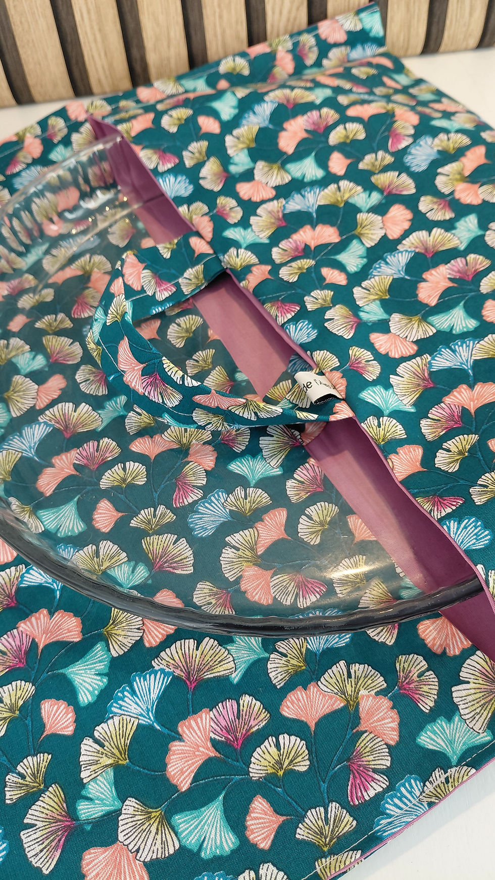 Miniature : Sac à tarte motif Ginkgo sur fond émeraude