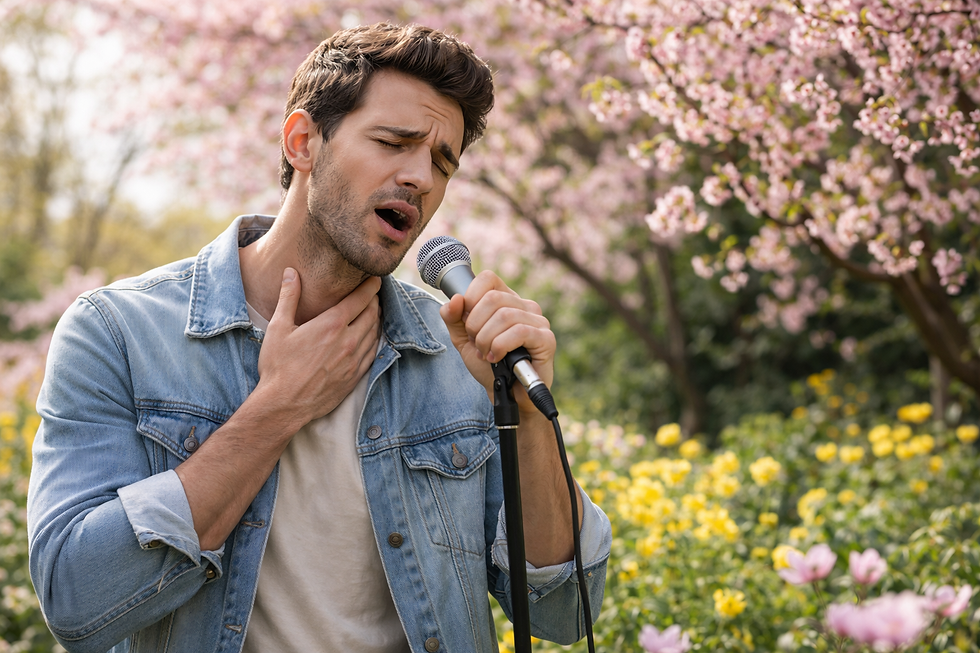 Man singing emotionally into a mic in a garden, wearing a denim jacket. Pink and yellow flowers bloom in the background. He is experiencing vocal fatigue. He has a sore throat.