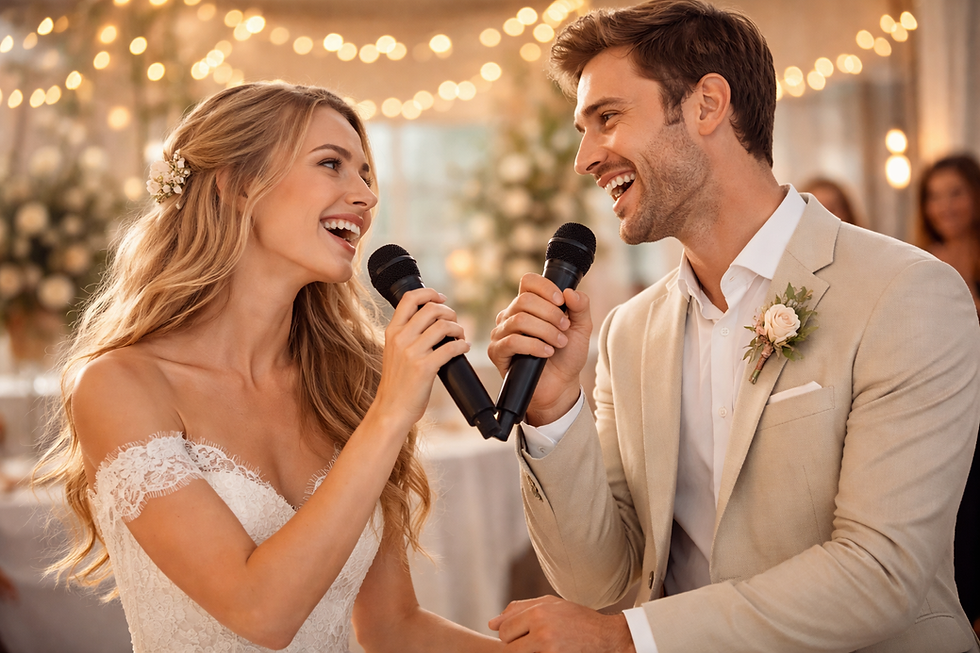 Bride and groom singing joyfully with microphones at a wedding. Warm lights and floral decor create a romantic atmosphere.