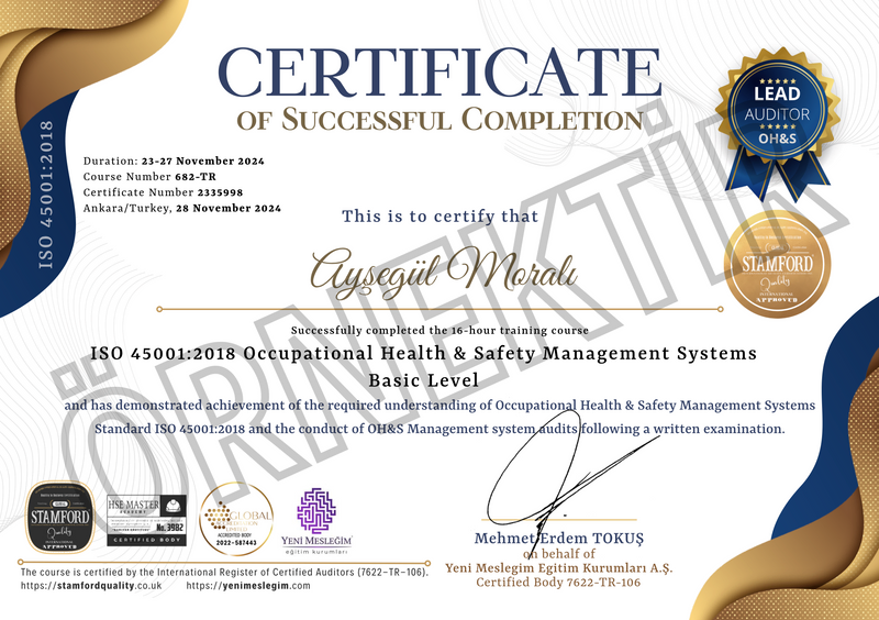 ISO 45001:2018 İş Sağlığı ve Güvenliği Yönetim Sistemi, iş yerlerinde güvenliği artırmak ve riskleri minimize etmek için oluşturulmuş uluslararası bir standarttır. Bu eğitim, çalışanların sağlık ve güvenlik ihtiyaçlarını önceliklendiren işletmelerin yönetim sistemlerini daha etkili bir şekilde yapılandırmasına yardımcı olur. Ücretsiz olarak sunulan ISO 45001:2018 Temel Eğitimi, iş sağlığı ve güvenliği konularında temel bilgileri öğrenmek isteyen bireyler ve işletmeler için mükemmel bir başlangıçtır. Eğitim sırasında ISO 45001 standartlarının temel prensipleri, iş yerinde risklerin nasıl tanımlanacağı ve önlenebileceği, acil durumlara hazırlık süreçleri gibi konular ele alınır. Bu program, hem bireysel hem de kurumsal farkındalığı artırmayı hedefler. Eğitimi başarıyla tamamlayan katılımcılar, isteğe bağlı olarak uluslararası geçerliliğe sahip bir sertifika alarak profesyonel gelişimlerini destekleyebilir. 