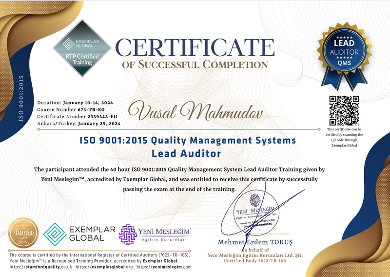 ISO 9001:2015 Baş Denetçi Sertifikası – Uluslararası Geçerliliğe Sahip Belgeli Uzmanlık!

📜 Elinizde tuttuğunuz sertifika, Exemplar Global onaylı eğitim kurumumuz tarafından verilmiş olup, Türk-Ak koşullarını sağlamaktadır.

ISO 9001:2015 Kalite Yönetim Sistemi standardına uygun olarak gerçekleştirilen bu eğitim, uluslararası geçerliliğe sahip bir denetçi olmanızı sağlar. Bu belge ile şirketlerde iç denetim yapabilir, tedarikçi denetim süreçlerini yönetebilir ve bağımsız denetim projelerinde yer alabilirsiniz.

✅ Kariyerinize güçlü bir referans ekleyin.
✅ Kalite yönetiminde uzmanlaşarak rakiplerinizden bir adım öne geçin.
✅ ISO 9001 sertifikalı denetçi olarak iş dünyasında fark yaratın.

Bu prestijli belgeyi almak için hemen başvurun ve kalite yönetimi alanında uzmanlaşın! 🚀