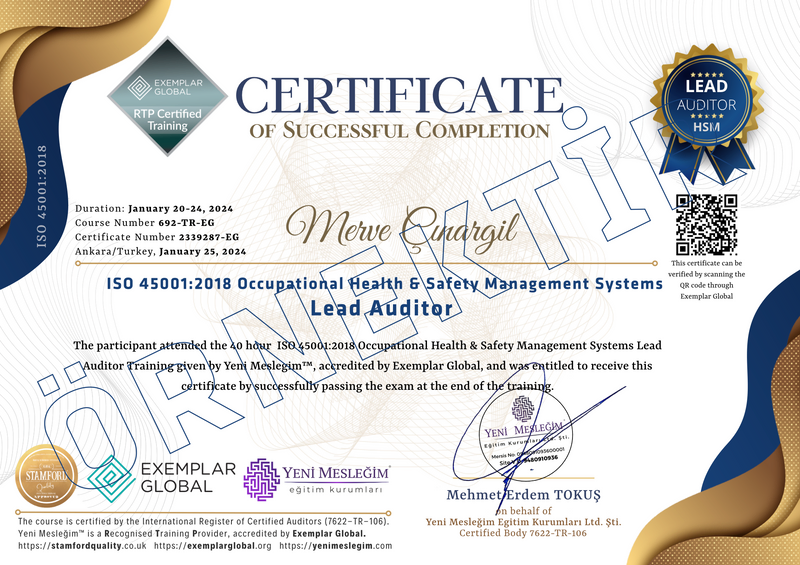 Ücretsiz ISO 45001:2018 Baş Denetçi Eğitimi ile uluslararası geçerli, üniversite onaylı ve e-Devlet’te sorgulanabilir sertifika alma fırsatını kaçırmayın! Tamamen online ve a-senkron olarak sunulan bu eğitim sayesinde kendi hızınızda öğrenerek kariyerinize güçlü bir adım atabilirsiniz. ISO 45001, iş sağlığı ve güvenliği alanında en çok tercih edilen standartlardan biridir ve bu eğitimi tamamlayanlar denetim alanında profesyonel olarak görev alabilir. Eğitimimiz, 5 günlük kapsamlı içerikle desteklenmiş olup, sertifika ücreti %61 indirimli sunulmaktadır. Sertifikanızla Türk-Ak Baş Denetçi veri tabanına kayıt olabilirsiniz. 31 Mayıs 2025’e kadar geçerli bu eşsiz fırsat için hemen kaydolun, kontenjanlar sınırlı! 