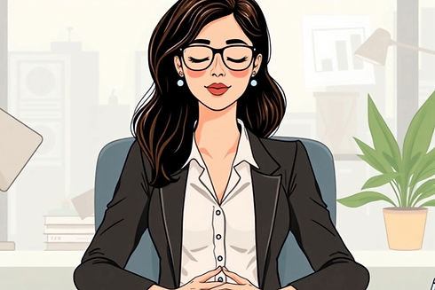 Illustration of a woman in a blazer sitting calmly in an office desk, hands resting in her lap, symbolising a clear, in-control business owner.