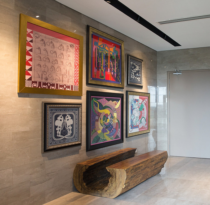 hermes scarve artwork feature wall, art gallery wall at home with hermes scarfs framed artwork, serai condo kl award interior