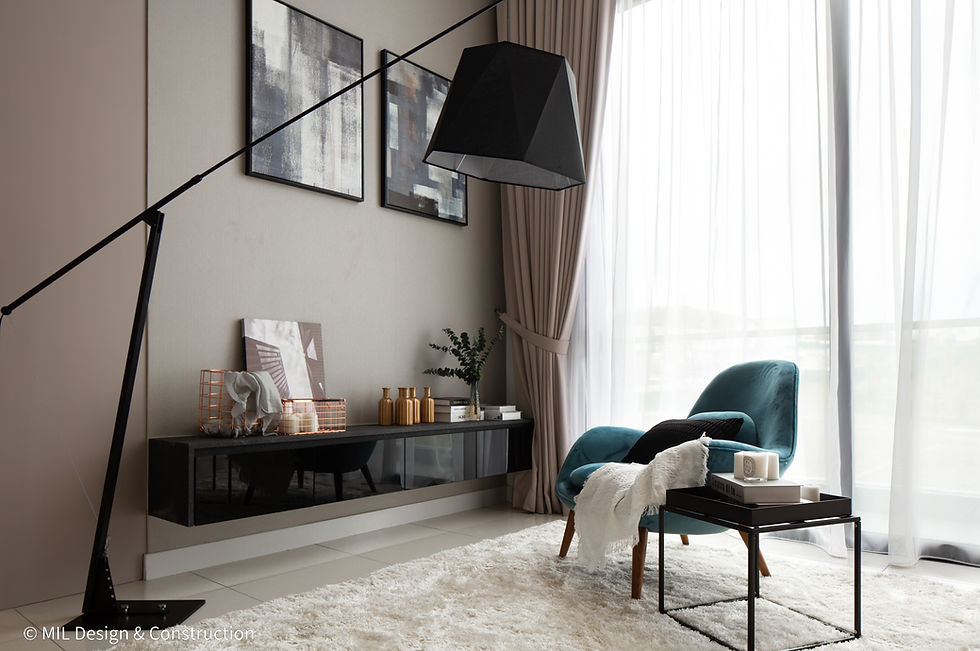 master bedroom modern luxurious with carpet, bed, dark timber feature wall, feature lights and blue chair
