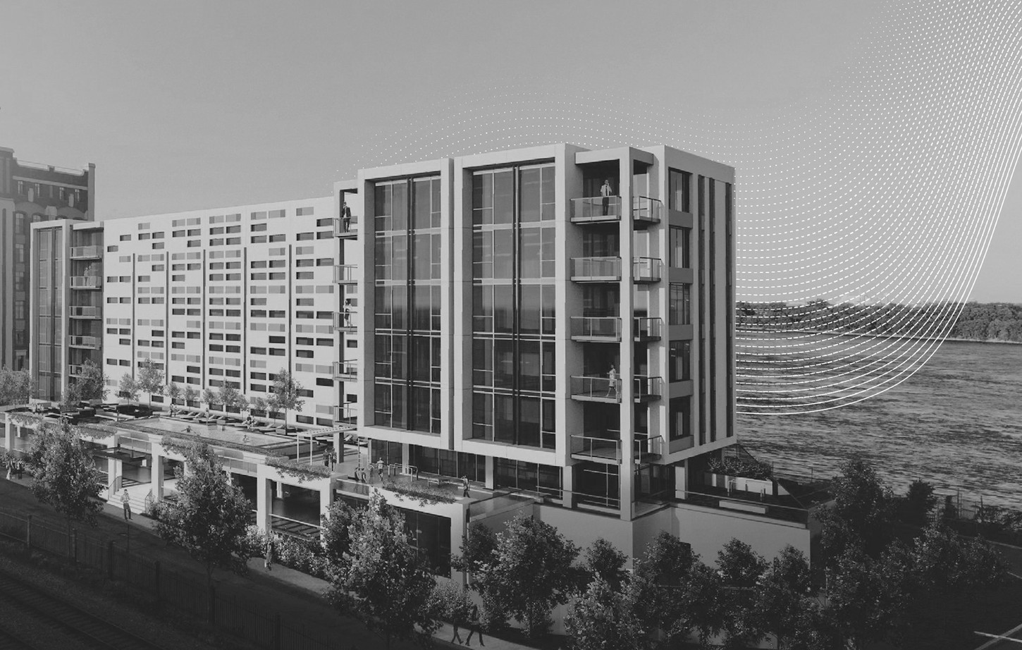 Photographie d'un immeuble en noir et blanc.