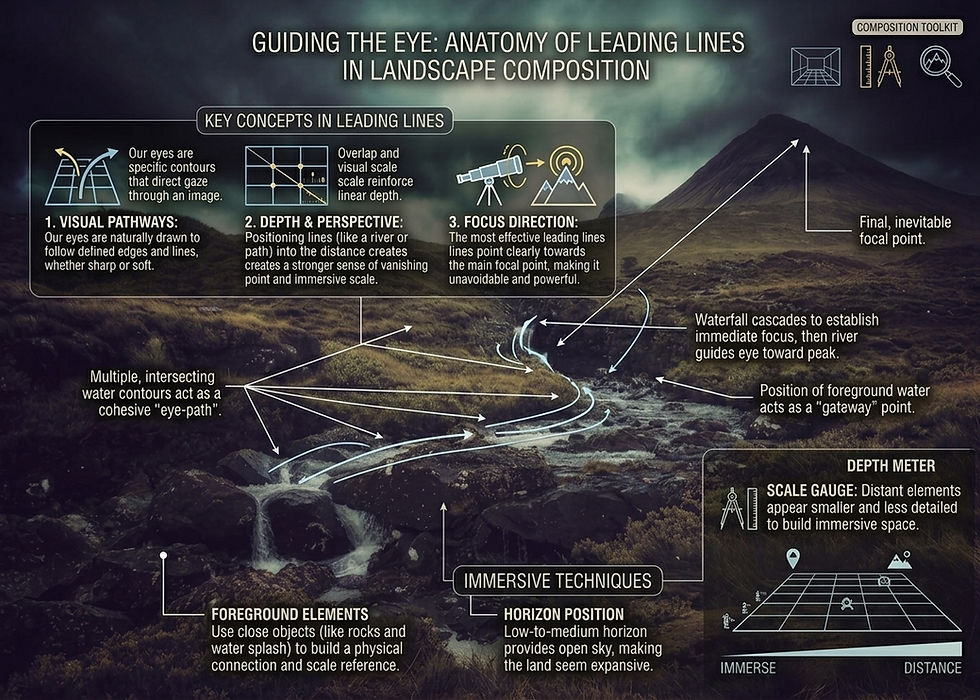 Infographic on leading lines in landscape composition over a mountain river and waterfall, with arrows and labels.