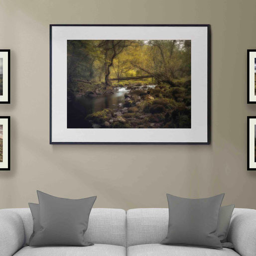 Gray sofa beneath a framed forest stream landscape print in a calm living room with neutral walls and pillows