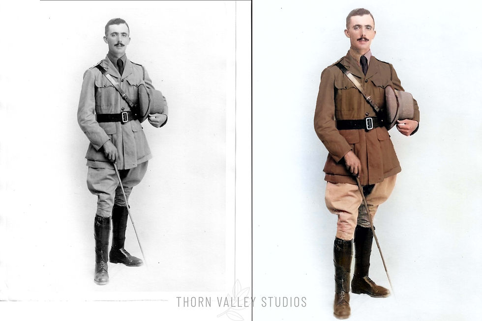Side-by-side black-and-white and colorized portrait of a mustached soldier in uniform, holding a cane and hat in a studio; Thorn Valley Studios