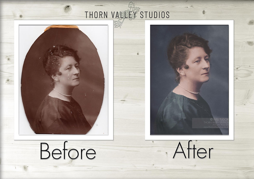 Before-and-after restored portrait of a woman in profile, with Thorn Valley Studios text on a pale wood background.