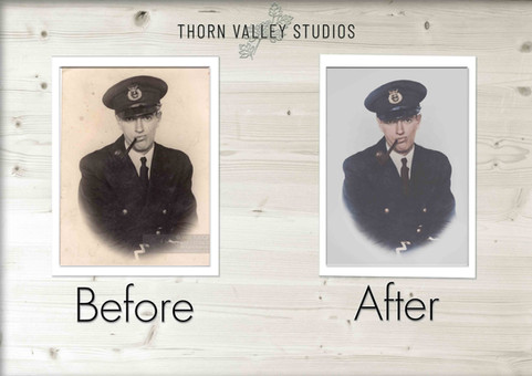 Before and after photo restoration by Thorn Valley Studios.