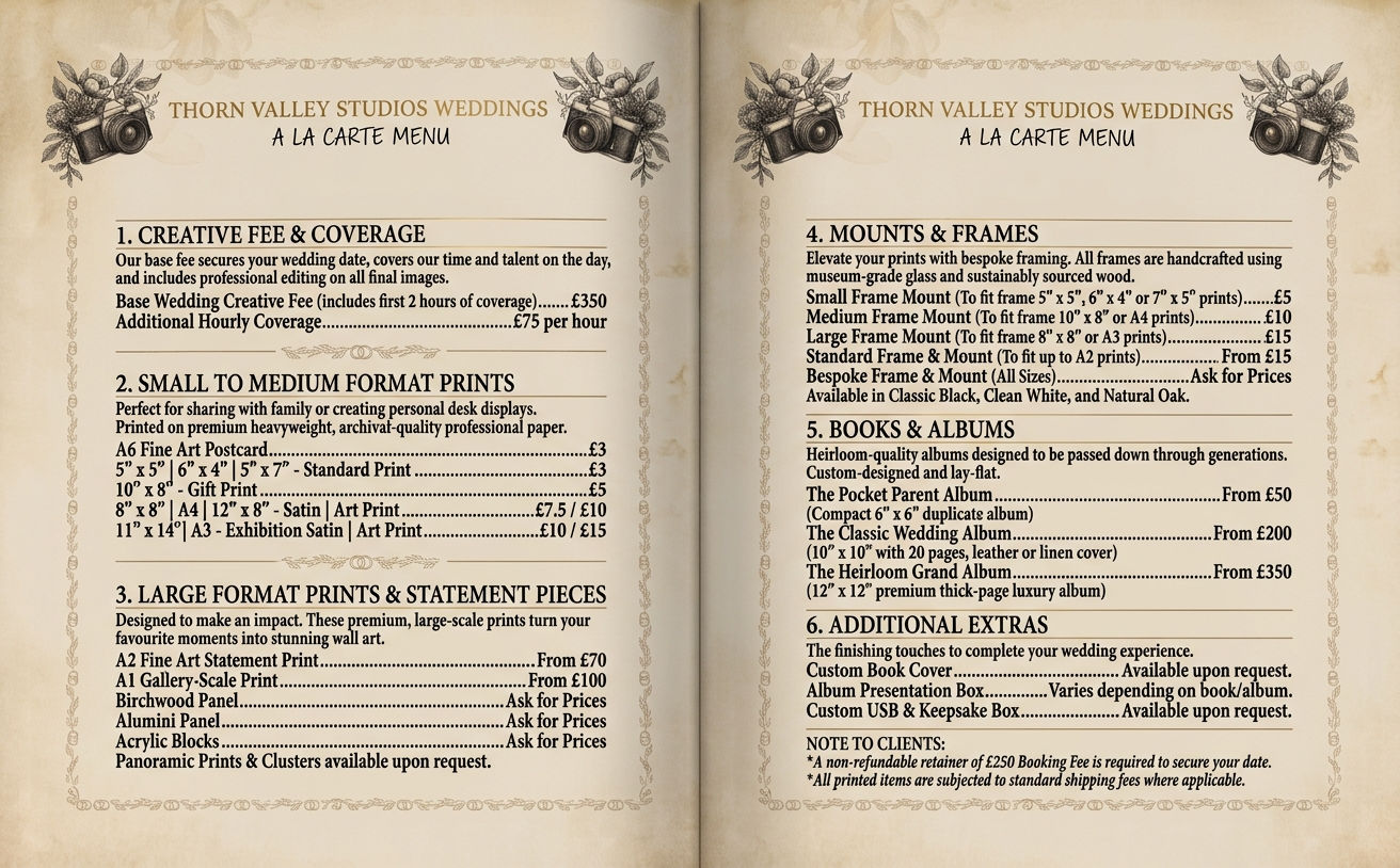 Wedding Price A La Carte Menu by Thorn Valley Studios