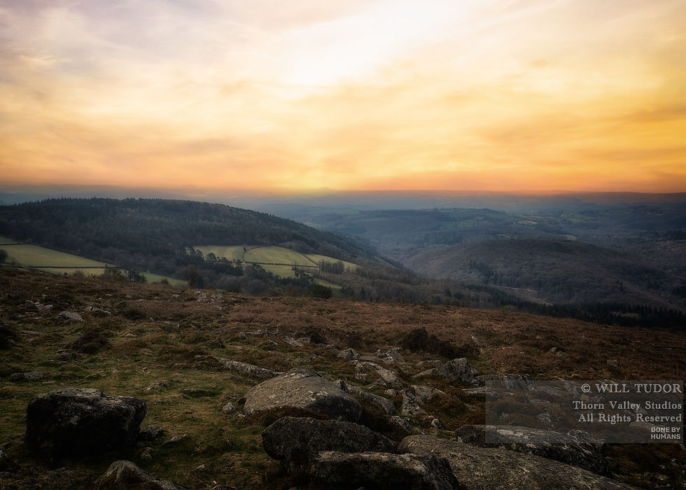 Sunset over rocky hillside and forested valley, golden sky glowing above; watermark reads Will Tudor, Thorn Valley Studios, Done by Humans