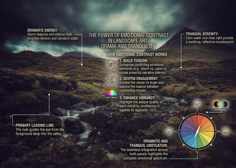 Stormy mountain valley infographic with text on emotional contrast, dramatic energy, tranquil serenity, and a color wheel.
