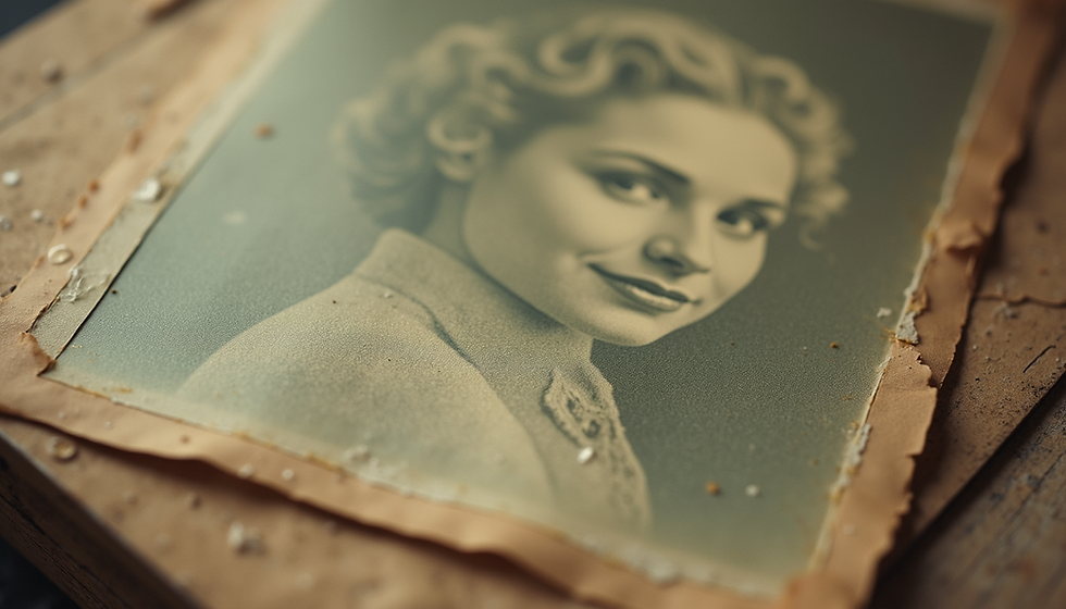 Sepia-toned vintage portrait of a smiling woman on a worn old photo lying on a dusty wooden surface