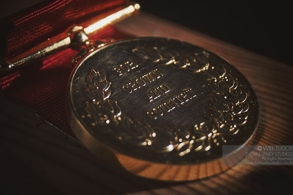 Close-up of a gold medal in a red velvet case, engraved with floral designs and motto text, warm dramatic light, watermark visible