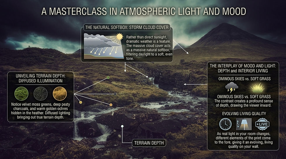 Infographic of stormy mountain stream landscape with panels on atmospheric light, cloud softbox, and terrain depth.