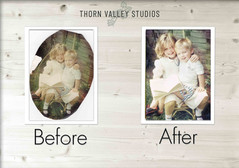 Before and After photo restorations with two children reading a book. Thorn Valley Studios