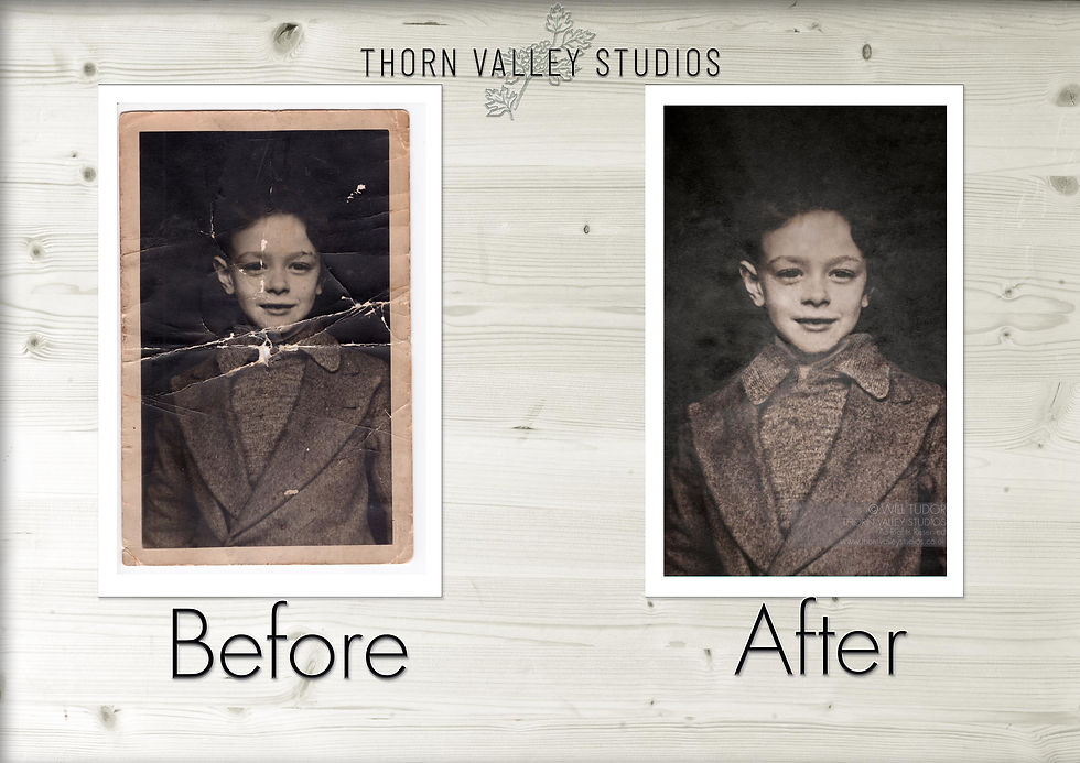 Before-and-after restoration of a torn vintage boy portrait by Thorn Valley Studios, with Before and After labels on a wood background.