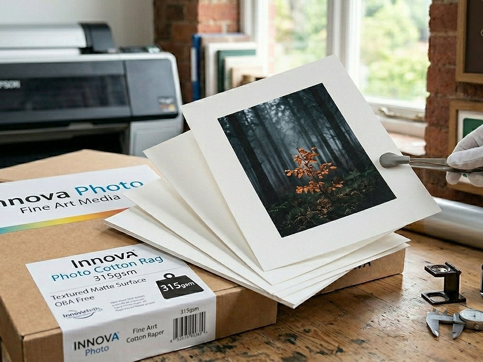 Gloved hand holds a forest print with orange leaves over a stack of fine art photos; Innova Photo paper boxes sit on a studio desk.