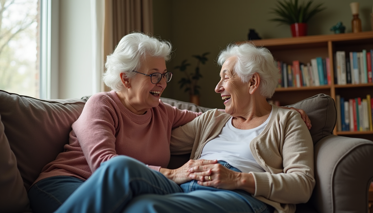 Eye-level view of a senior woman sitting safely on a couch with a caregiver nearby in a Fort Wayne living room