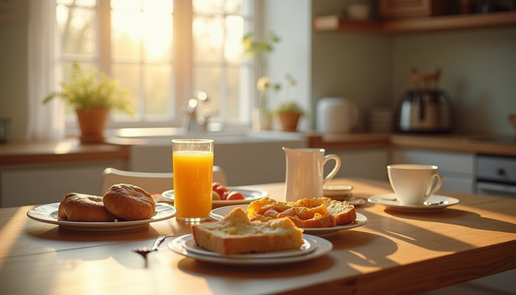 Eye-level view of a cozy kitchen table set for breakfast with a cup of tea and a plate of toast